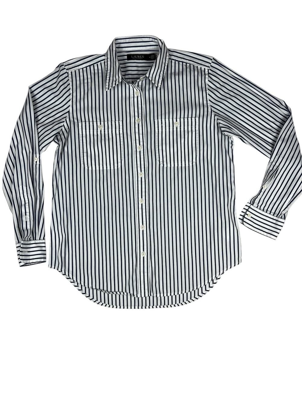 Lauren Ralph Lauren Black Label Navy Stripe Cotton Button Down Shirt Preppy Sz M